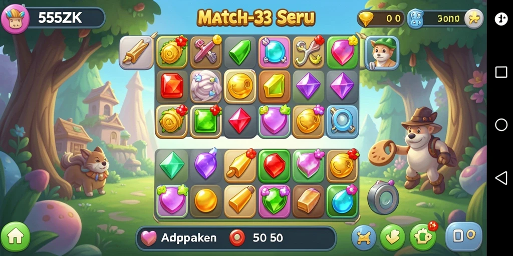 Gameplay seru 555ZK dengan kombinasi warna-warni Match-3.