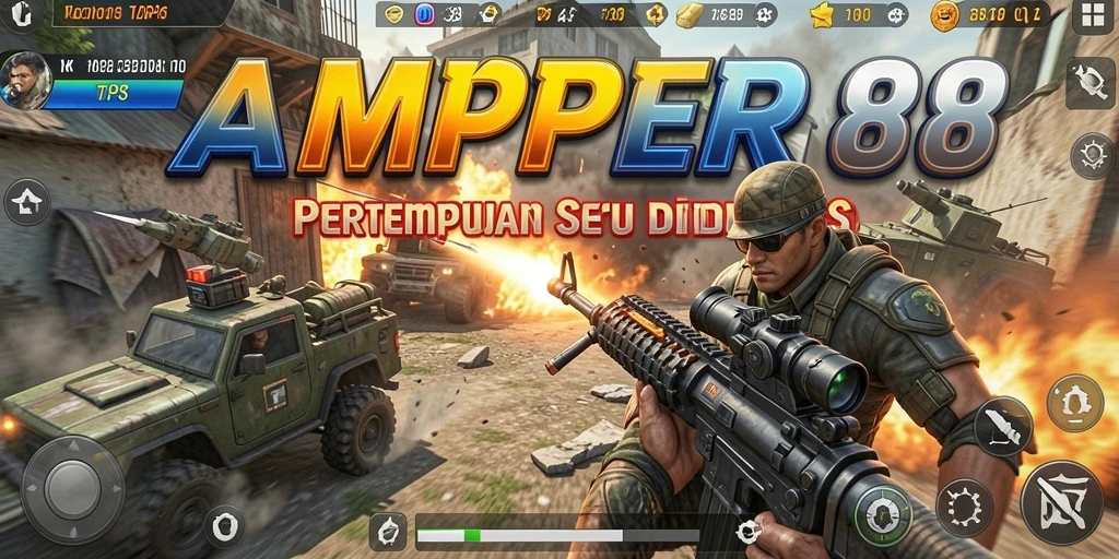 Tangkapan layar gameplay AMPER88 yang menampilkan aksi tembak-menembak yang intens.