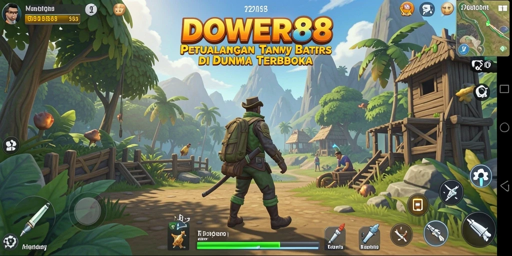 Screenshot gameplay DOWER88 menunjukkan eksplorasi di dunia terbuka yang luas.