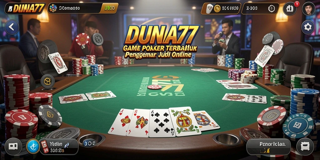 Tampilan gameplay seru di DUNIA77 dengan kartu poker dan pemain aktif.