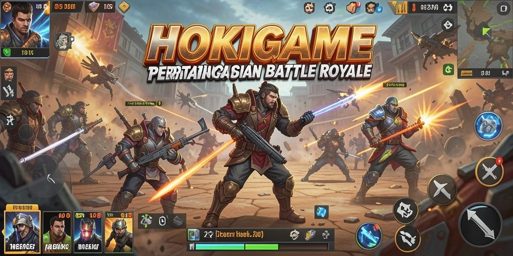 Screenshot utama HOKIGAME menampilkan pertarungan seru di arena Battle Royale.