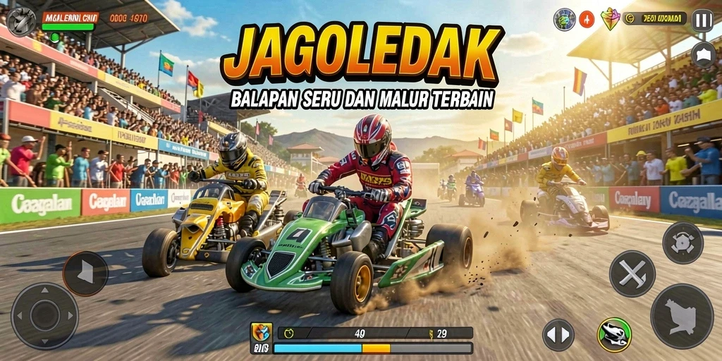 Screenshot gameplay JAGOLEDAK menampilkan aksi balapan yang mendebarkan.