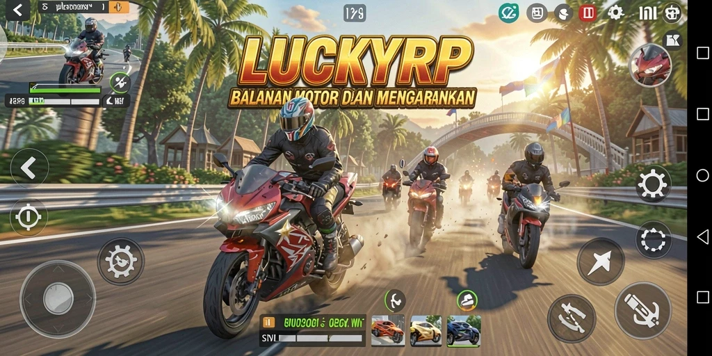 Tampilan gameplay LUCKYRP saat balapan motor yang seru.