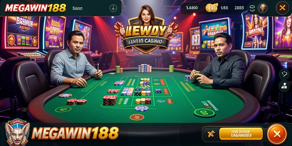 Screenshot utama MEGAWIN188 menampilkan dealer yang berinteraksi dengan pemain di meja Live Casino.