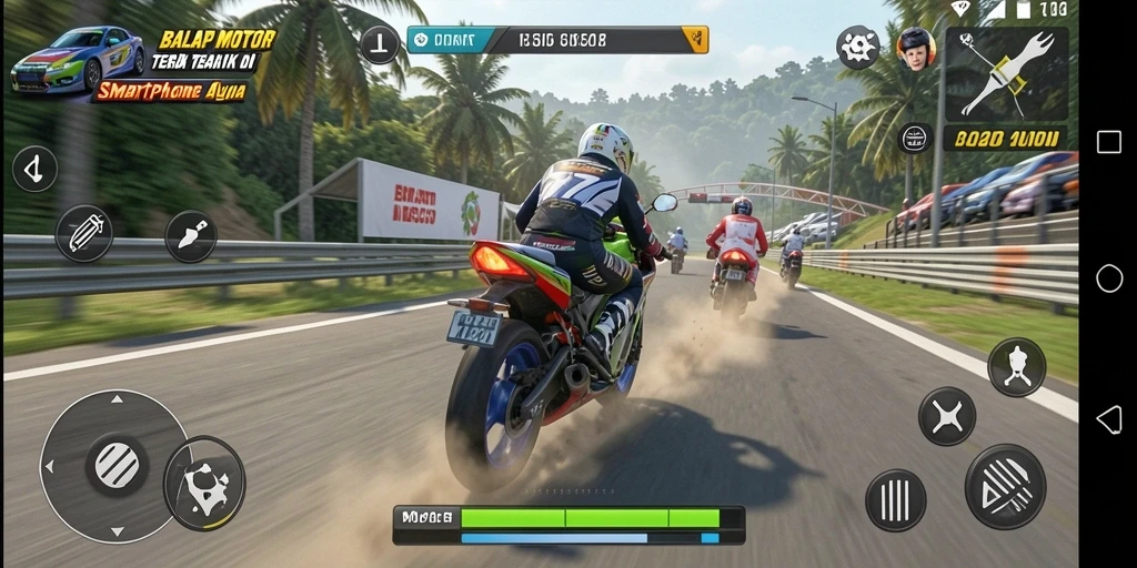 Screenshot MPOID menampilkan aksi mendebarkan balap motor di lintasan.