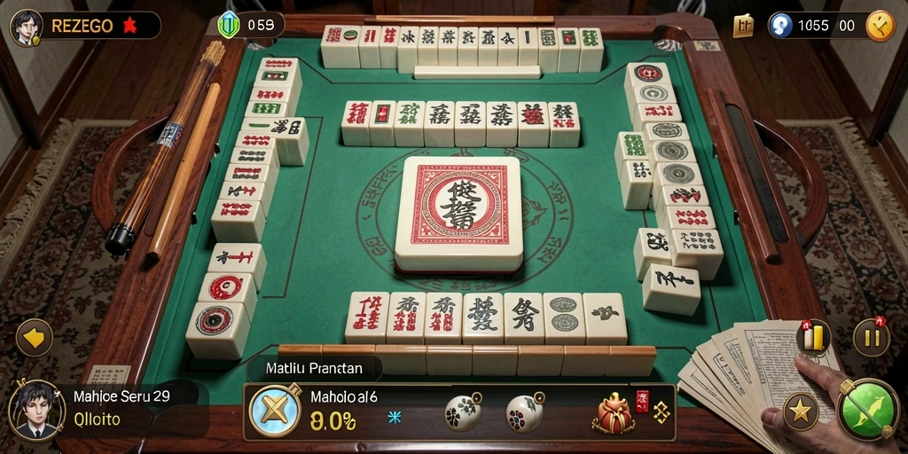 Tampilan gameplay <strong>REZEGO</strong> dengan ubin Mahjong yang berwarna-warni.