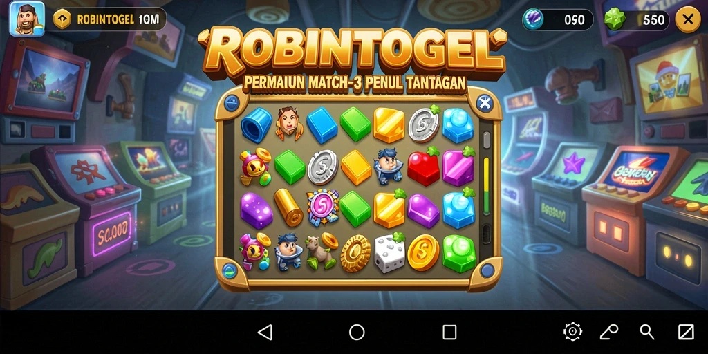 Screenshot utama ROBINTOGEL menunjukkan gameplay Match-3 yang seru.