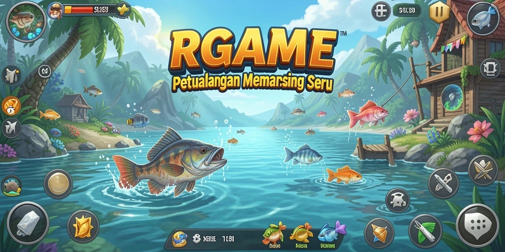 Menampilkan tampilan gameplay RPGAME saat memancing ikan di danau.