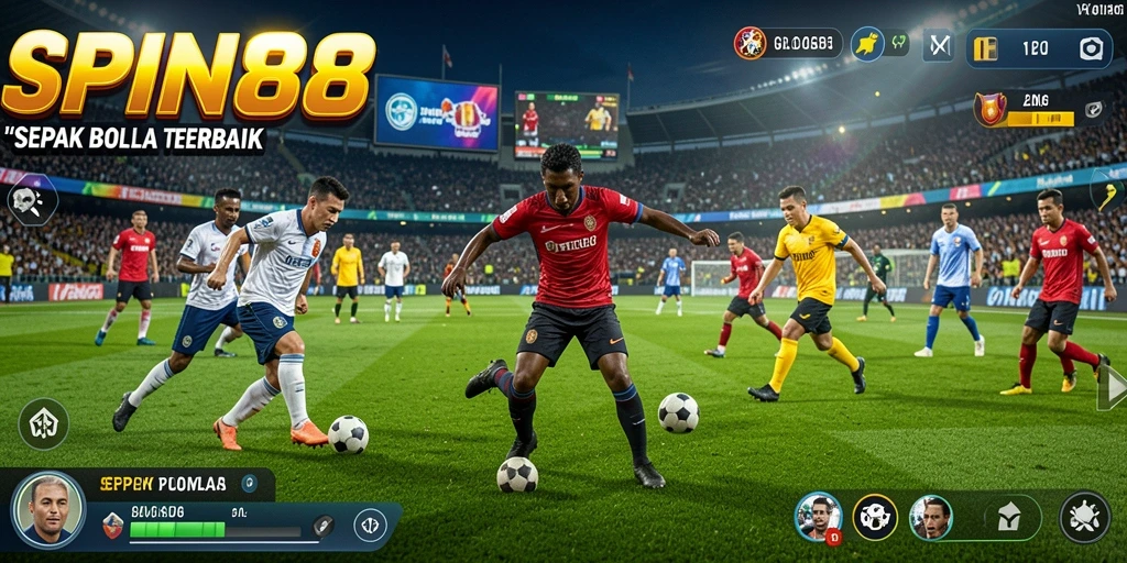 Screenshot permainan SPIN88 menampilkan aksi pertandingan sepak bola yang mendebarkan.
