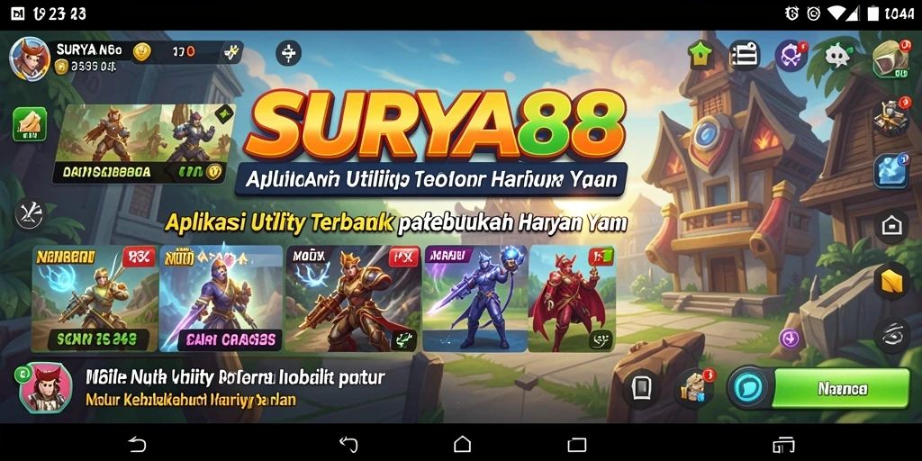 Tampilan utama aplikasi SURYA88 menampilkan berbagai fitur utilitas yang bermanfaat.