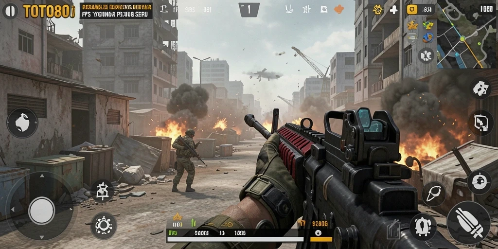 Screenshot utama TOTO80 menampilkan pertempuran seru dengan gameplay FPS yang menarik.