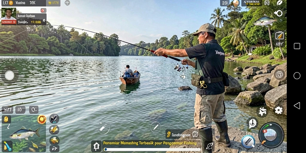 Screenshot UH77 menampilkan pemain yang menangkap ikan di danau yang indah.